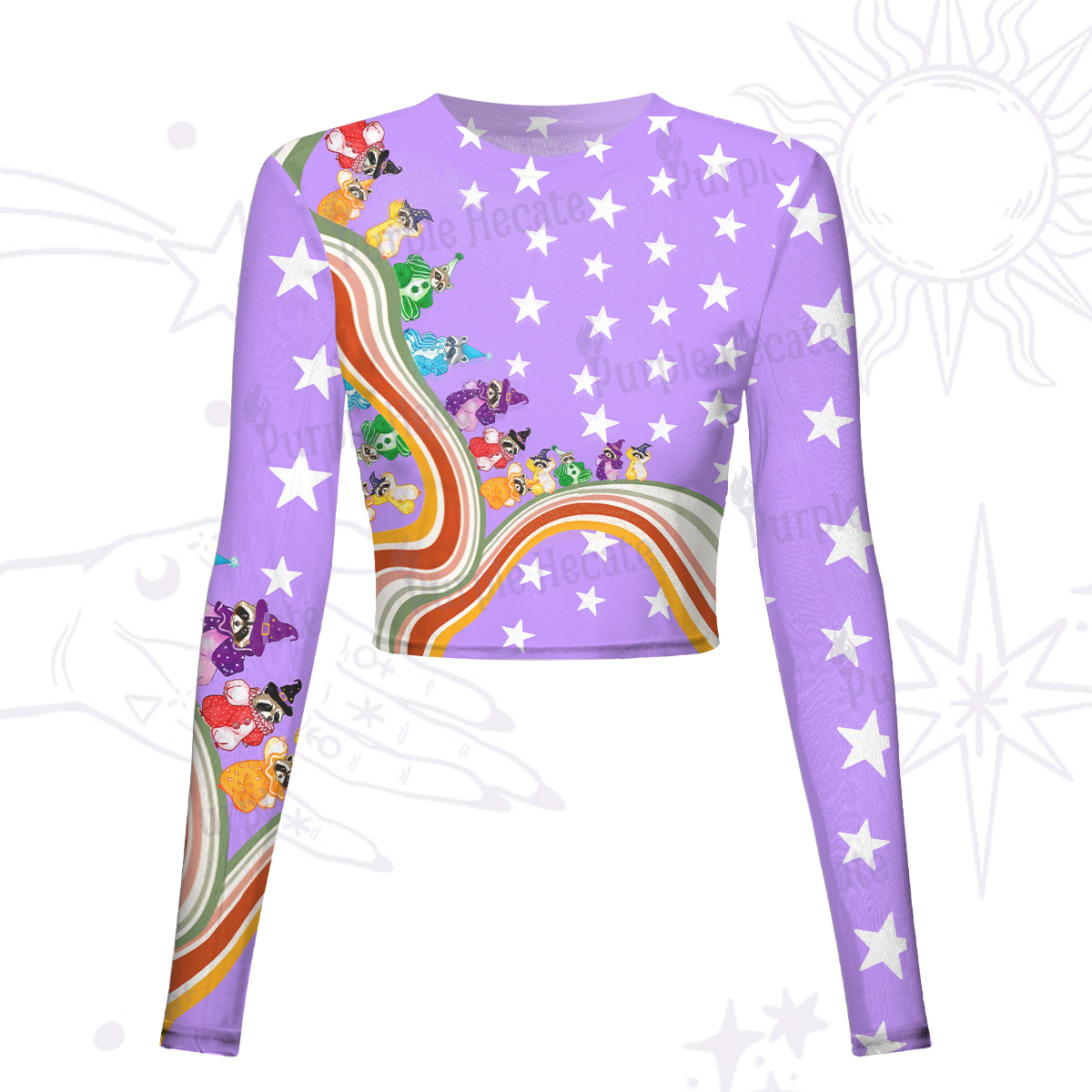 Purplehecate Rainbow Raccoon Star Mesh Long Sleeve Crop Top