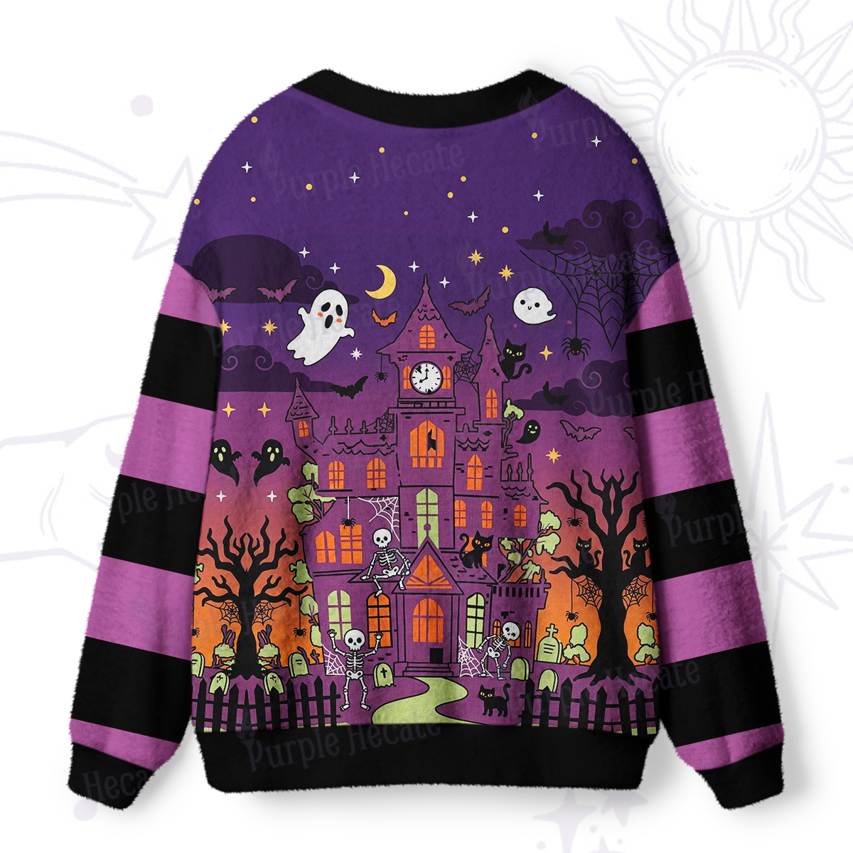 Purplehecate Spooky Haunted Mansion Ugly Cardigan Sweaters
