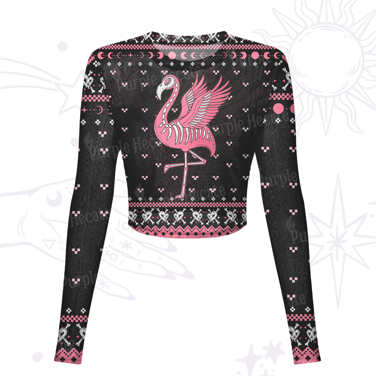 Purplehecate Witchy Pink Flamingo Skull Mesh Long Sleeve Crop Top