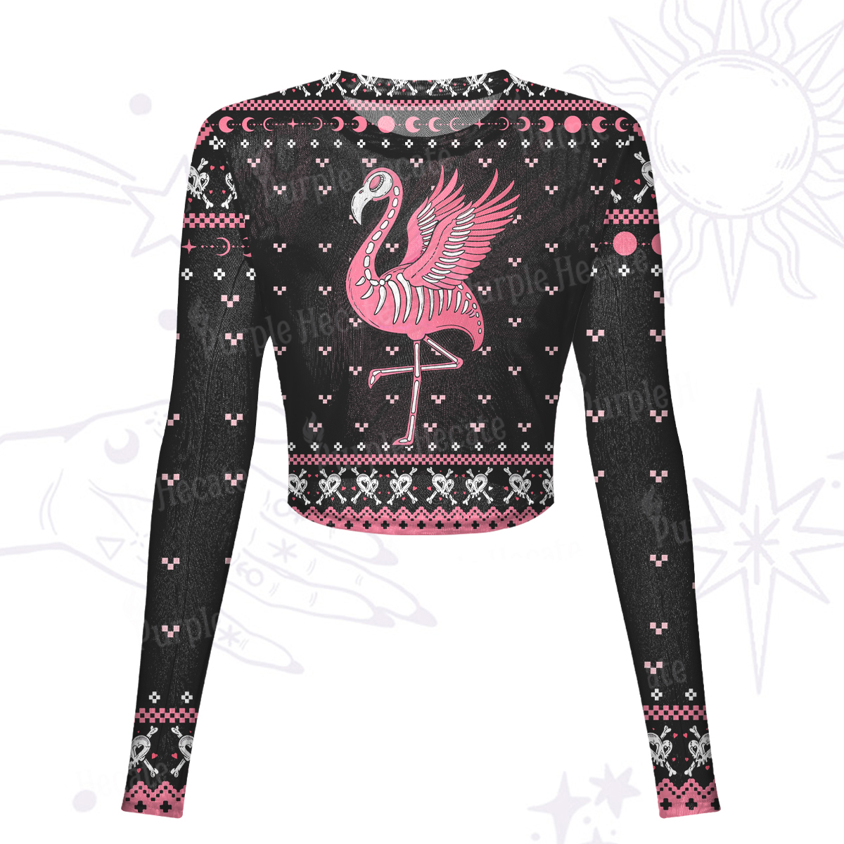 Purplehecate Witchy Pink Flamingo Skull Mesh Long Sleeve Crop Top
