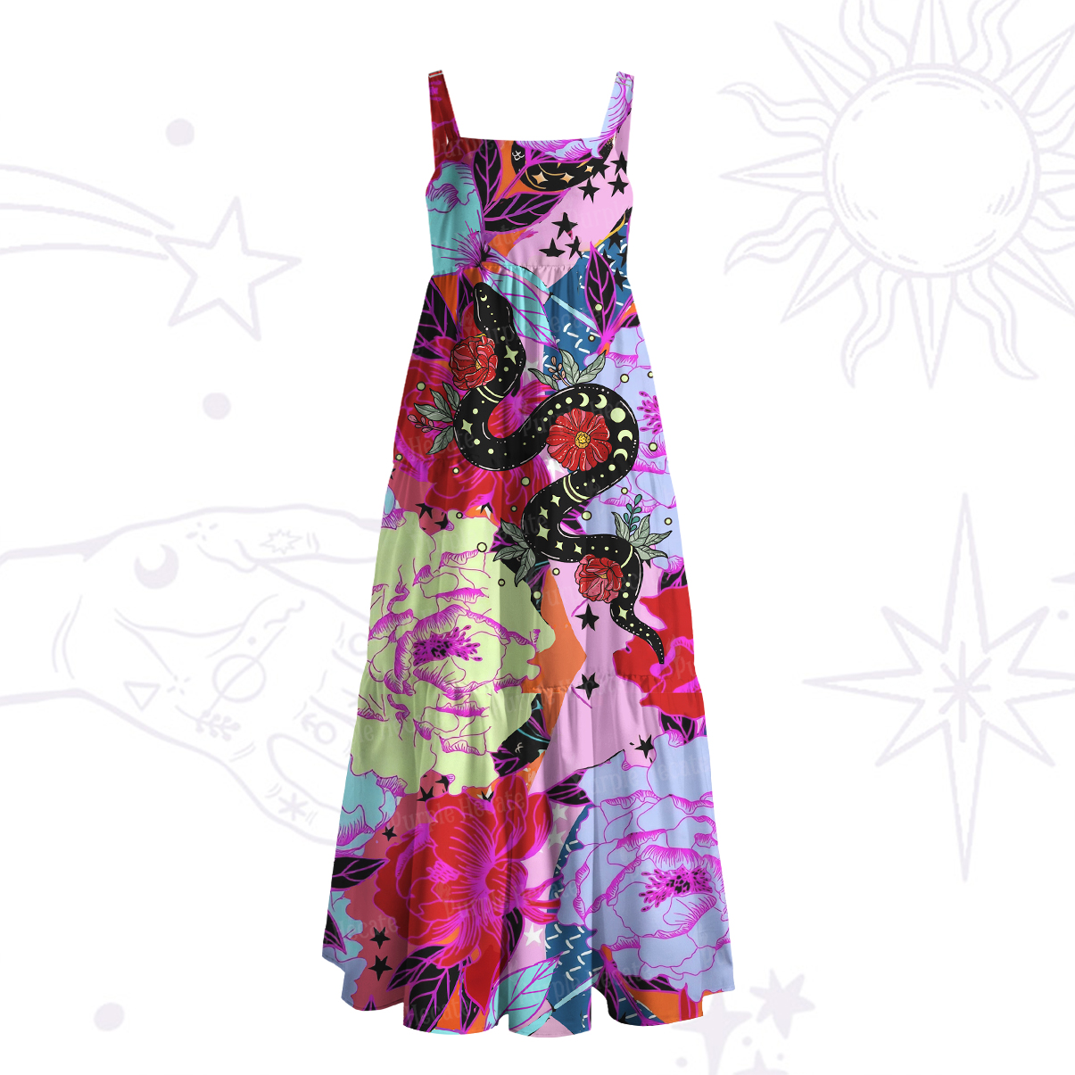 Purplehecate Enchanted Black Serpent & Floral Pattern Wide Straps Maxi Dress