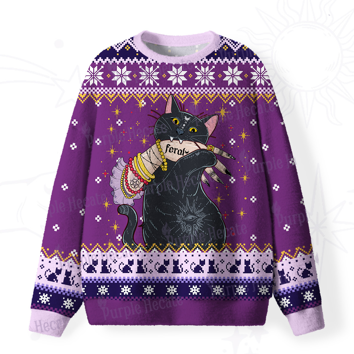 Purplehecate Feral Cat Fuzzy Ugly Christmas Sweatshirt