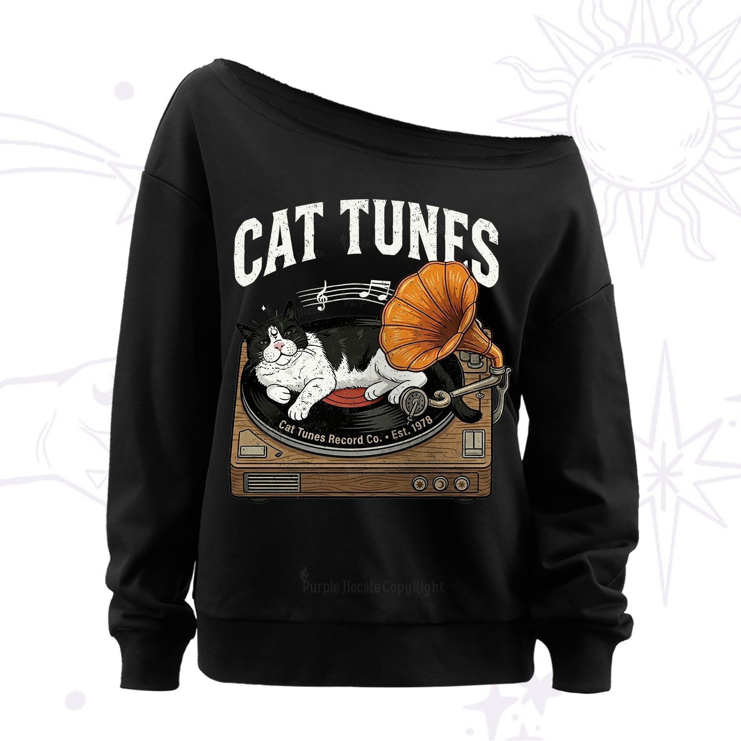 Purplehecate Cat Tunes Off The Shoulder Sweatshirt
