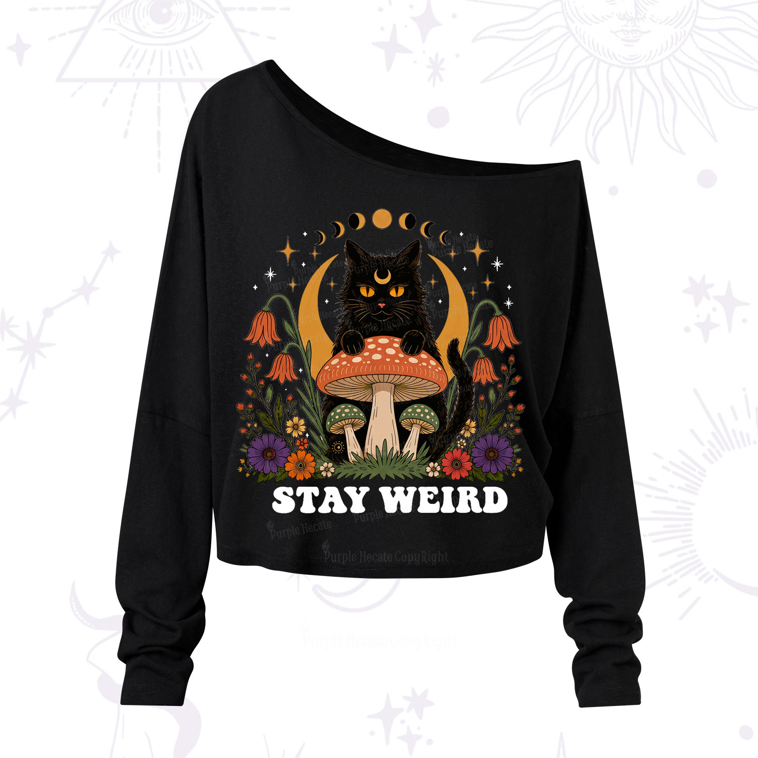 Purplehecate Stay Weird Black Cat One Shoulder Long Sleeve Shirt
