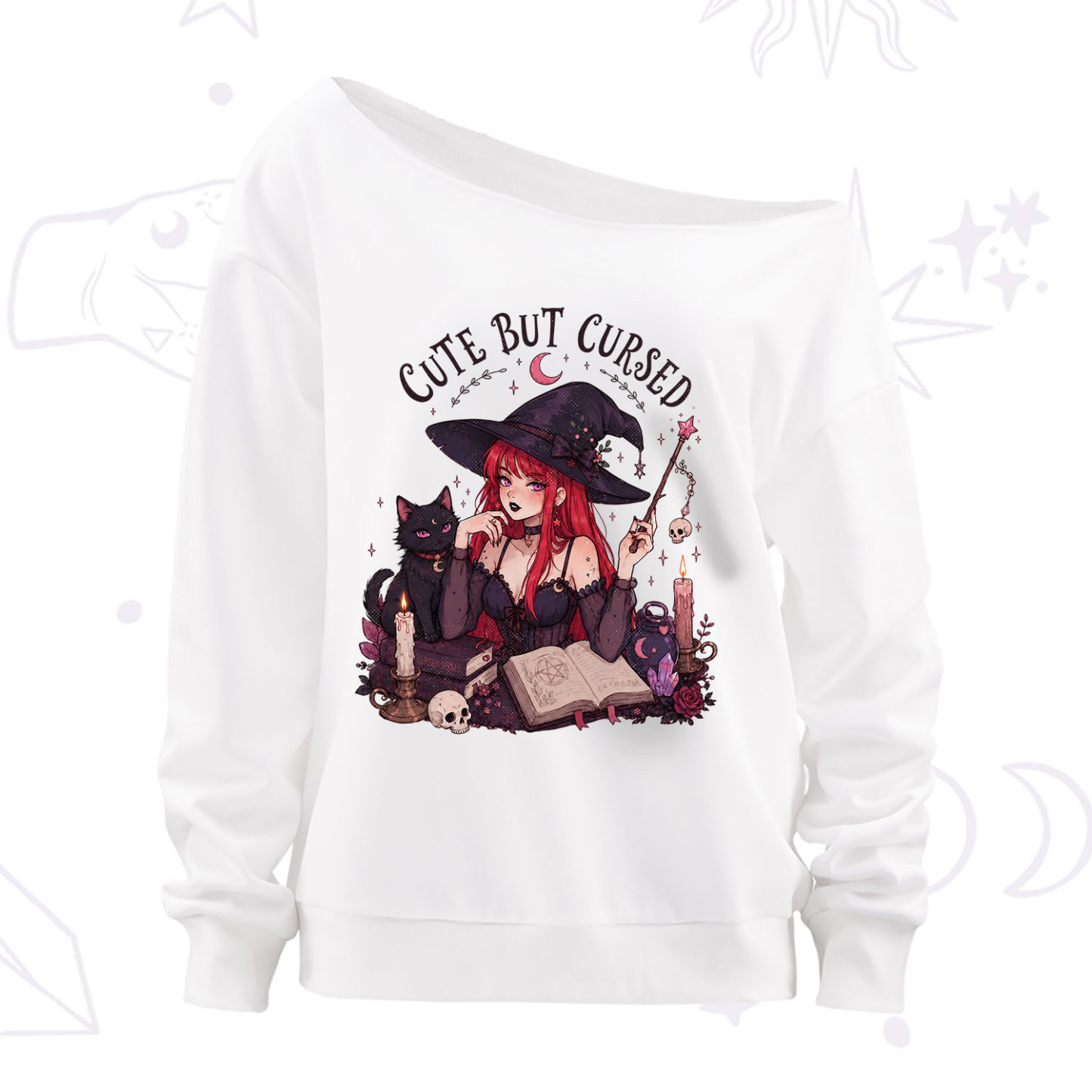 Purplehecate Cute But Cursed Witch Off The Shoulder Sweatshirt
