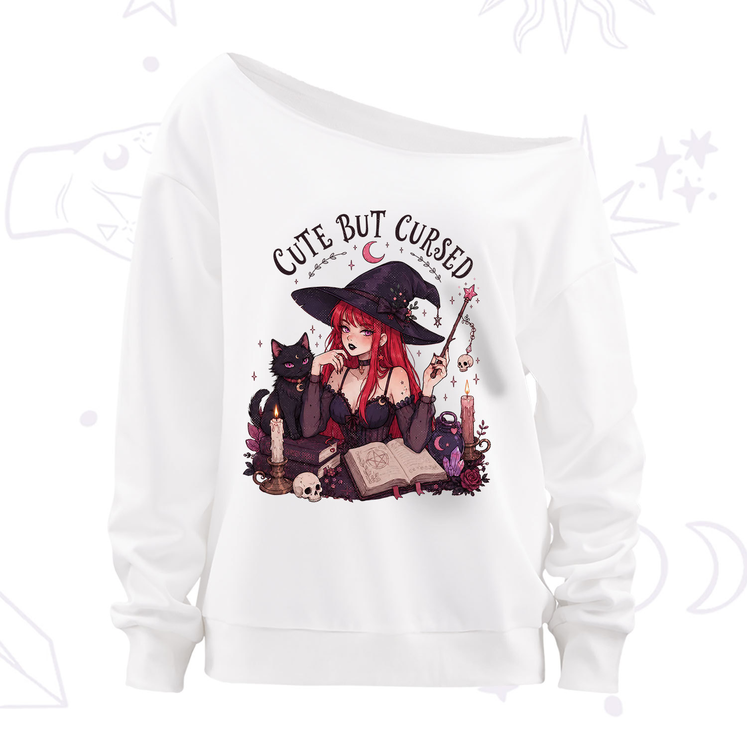 Purplehecate Cute But Cursed Witch Off The Shoulder Sweatshirt