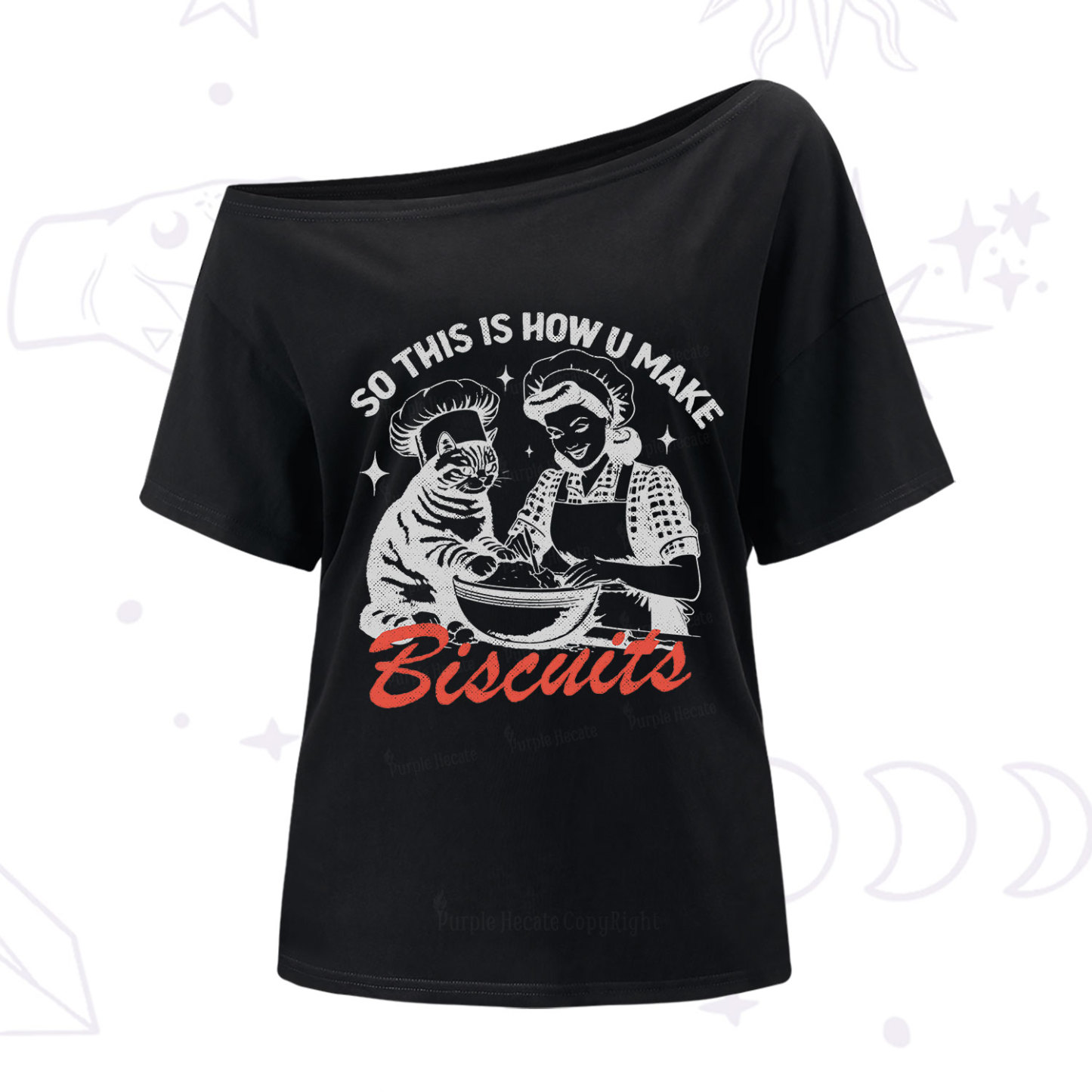 Purplehecate Funny Cat Baking Biscuits One Shoulder T-Shirt