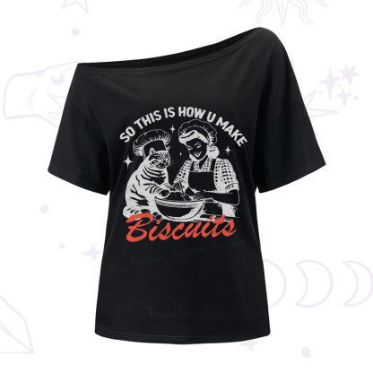 Purplehecate Funny Cat Baking Biscuits One Shoulder T-Shirt