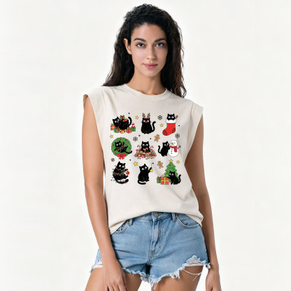 Purplehecate Christmas Black Cat Vintage Washed Tank