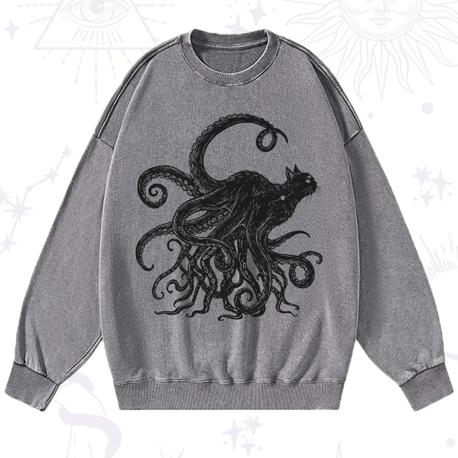 Purplehecate Black Cat with Octopus Tentacles Washed Sweatshirt