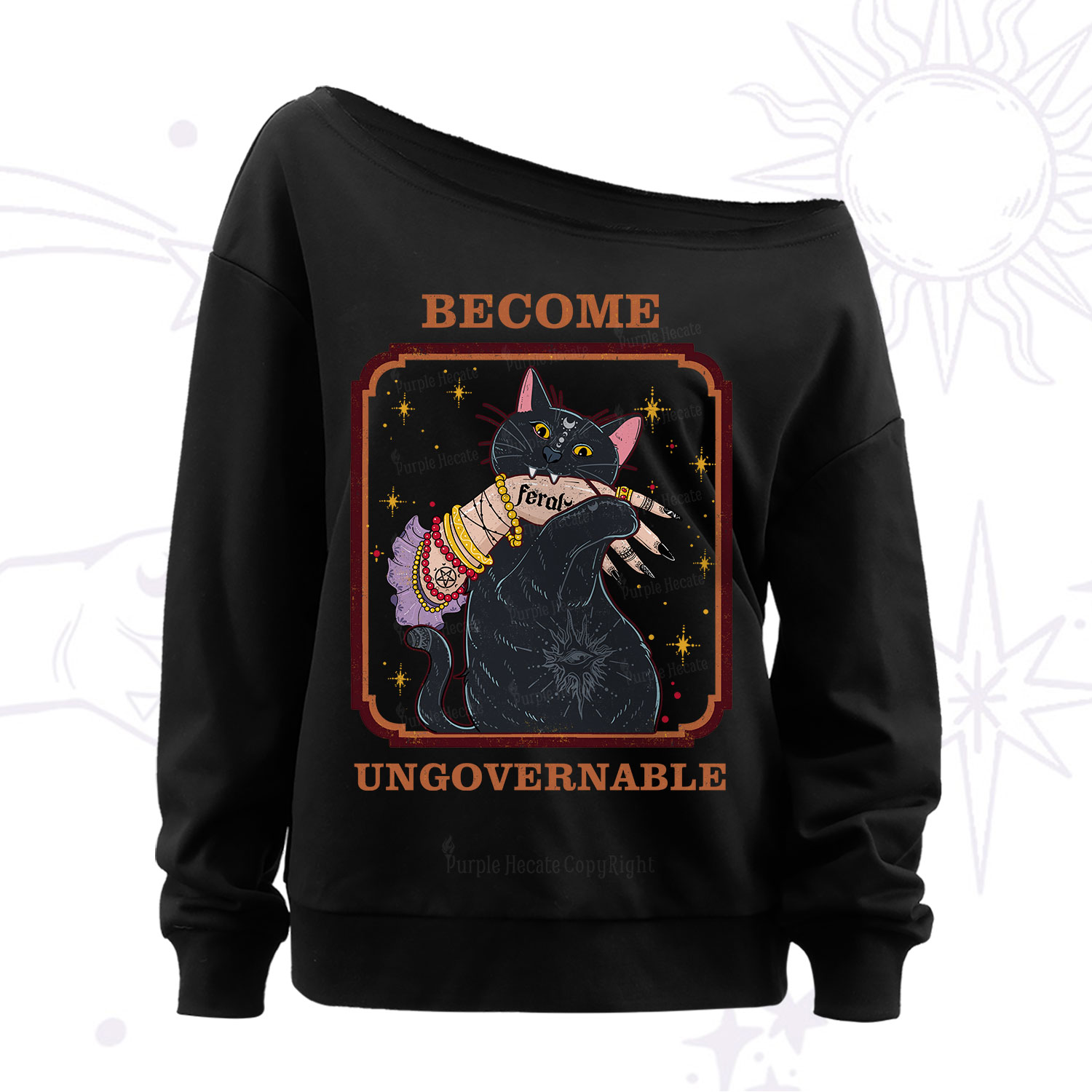 Purplehecate Become Ungovernable Cat Off The Shoulder Sweatshirt