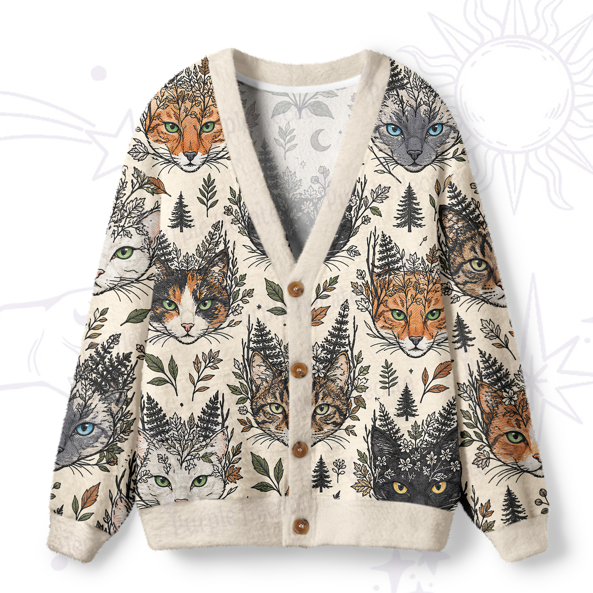 Purplehecate Enchanted Forest Cat Faces Ugly Cardigan Sweaters