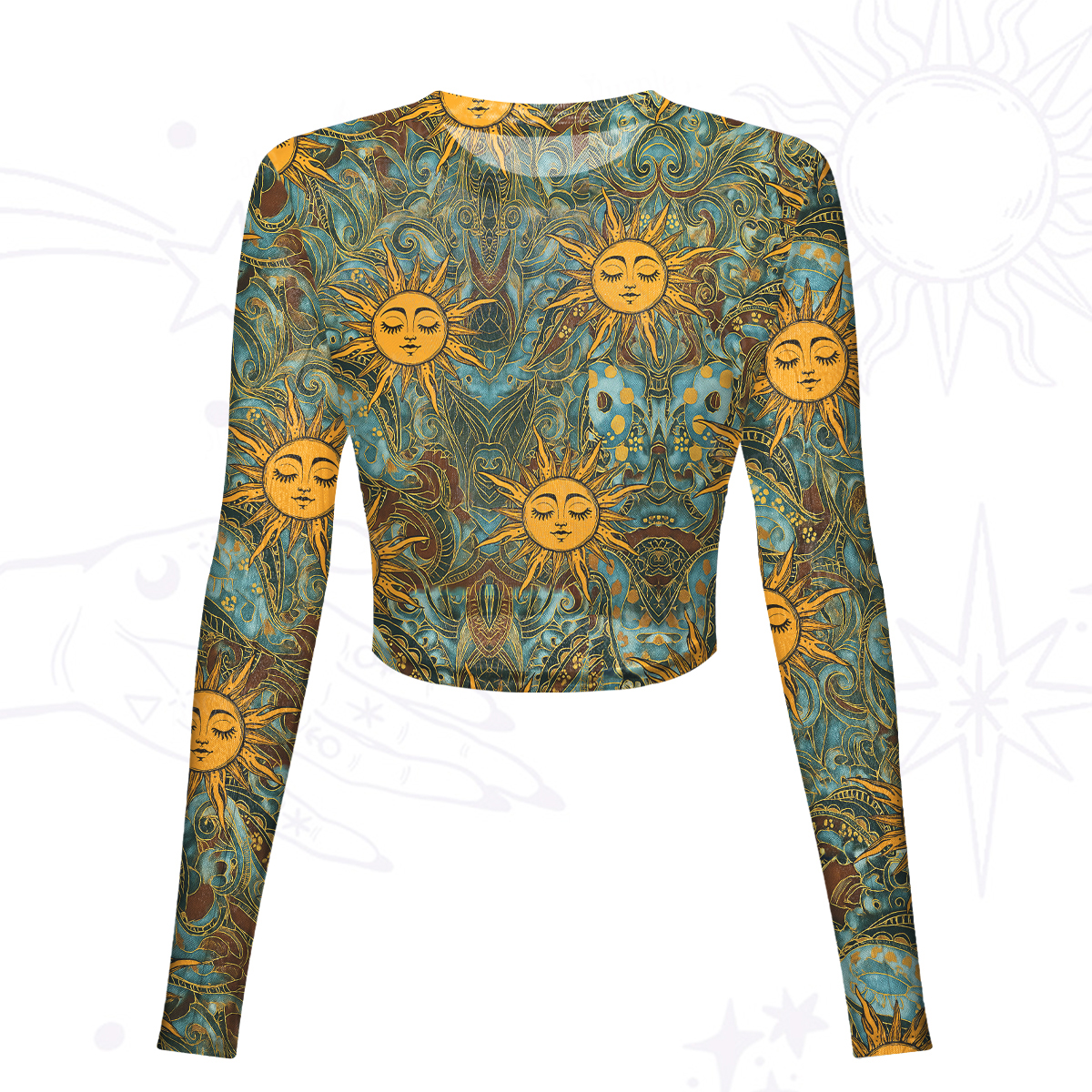 Purplehecate Golden Sun Wheel Mesh Long Sleeve Crop Top