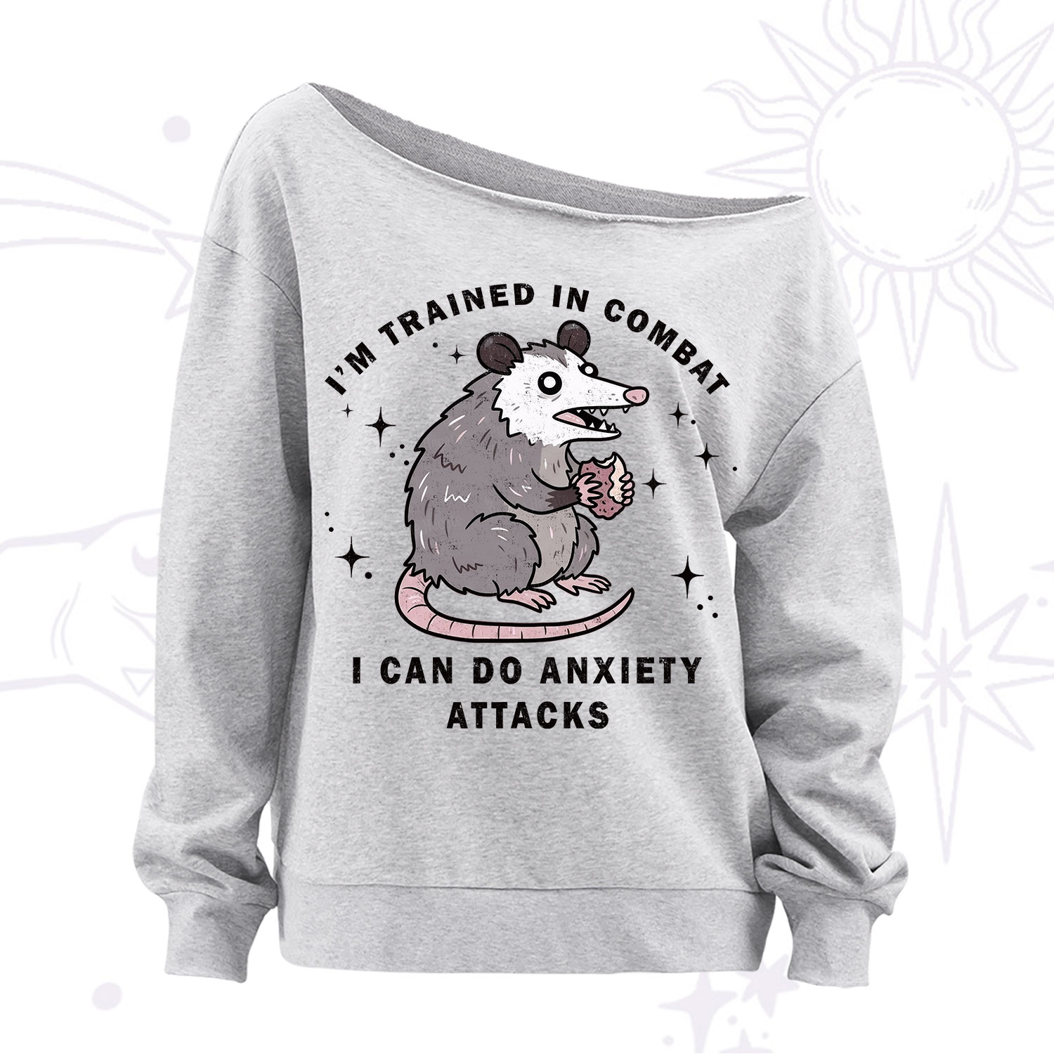 Purplehecate Anixety Attack Opossum Off The Shoulder Sweatshirt