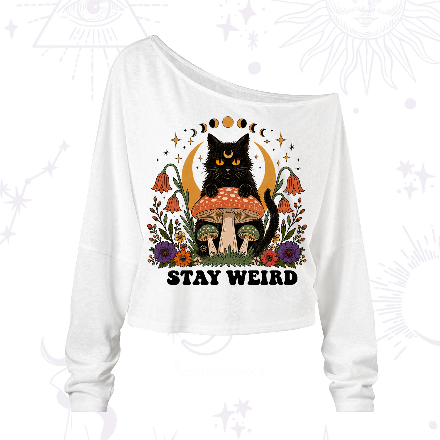 Purplehecate Stay Weird Black Cat One Shoulder Long Sleeve Shirt