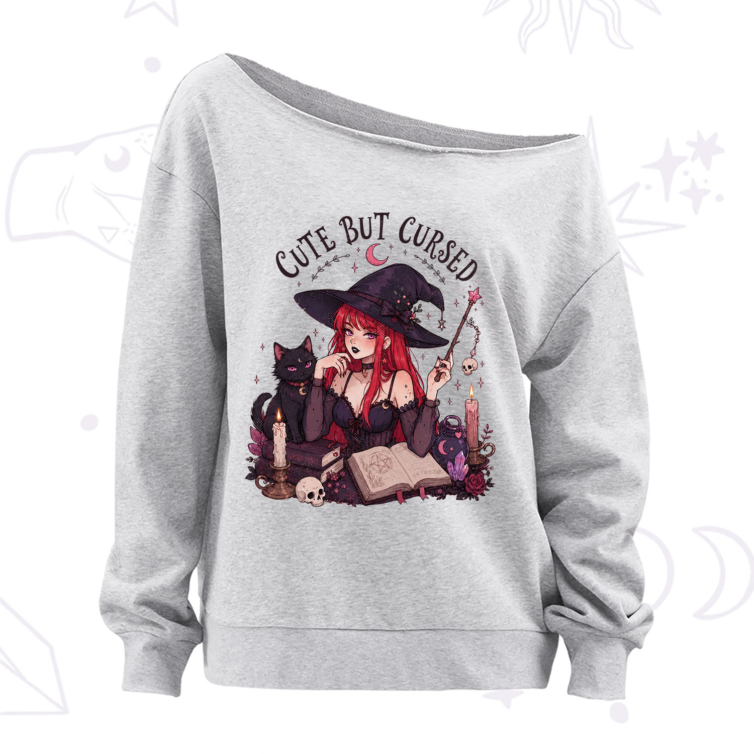 Purplehecate Cute But Cursed Witch Off The Shoulder Sweatshirt