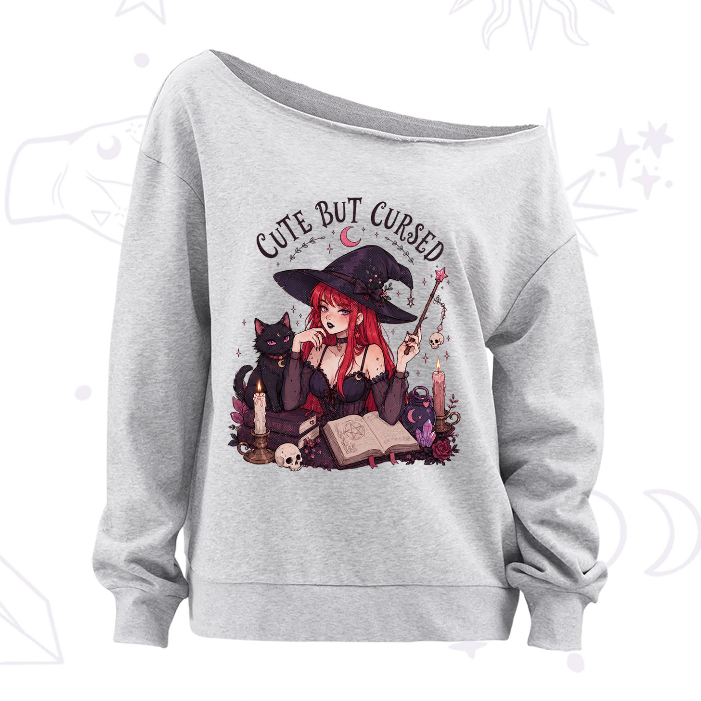 Purplehecate Cute But Cursed Witch Off The Shoulder Sweatshirt