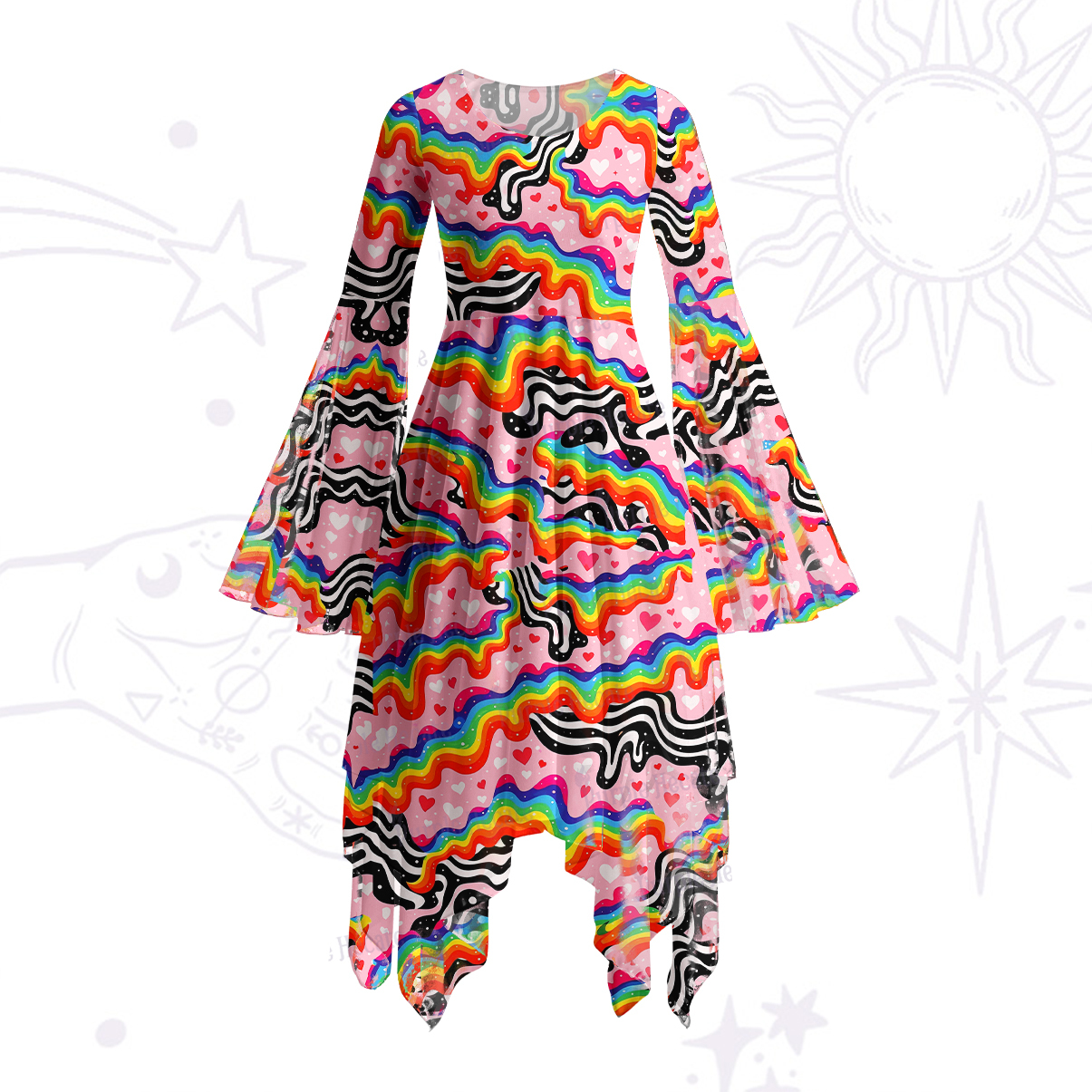 Purplehecate Groovy Melty Rainbow Hearts Wavy Bell Sleeve Dress