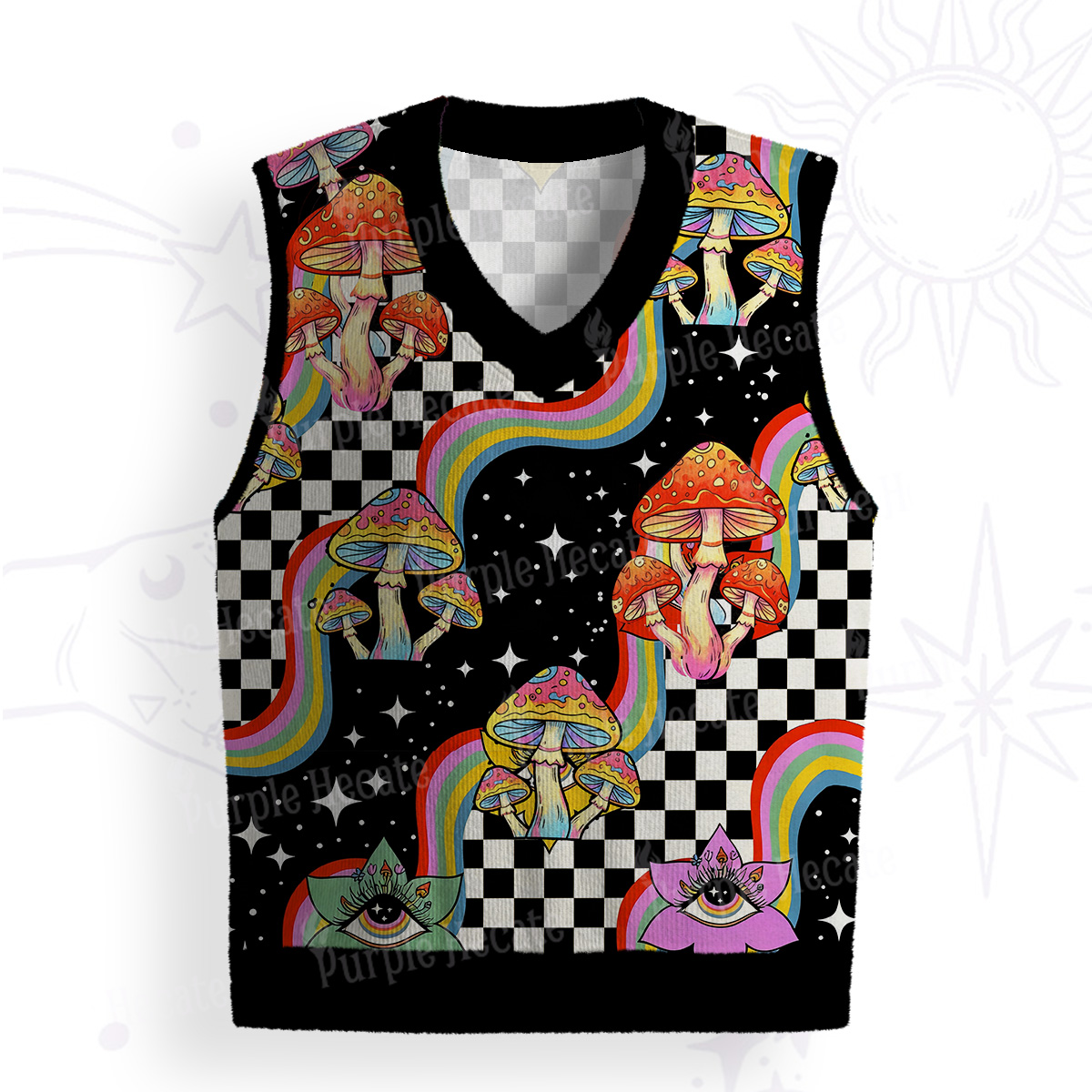 Purplehecate Trippy Rainbow Mushrooms Ugly Sweater Vest