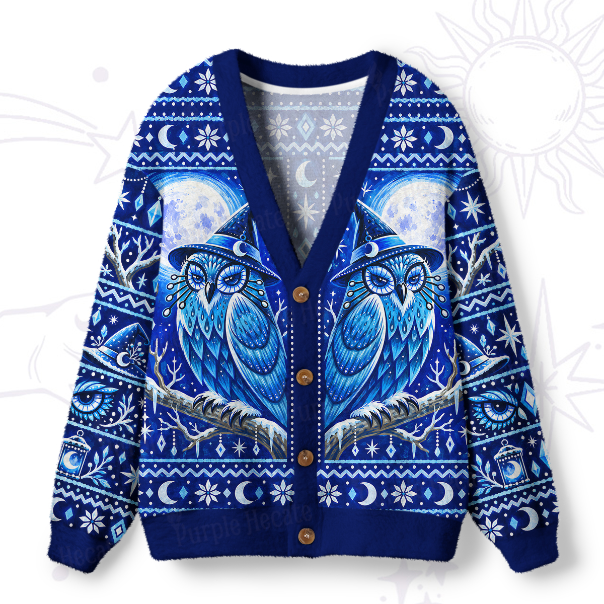 Purplehecate Mystic Snowy Owl Moon Magic Ugly Cardigan Sweaters