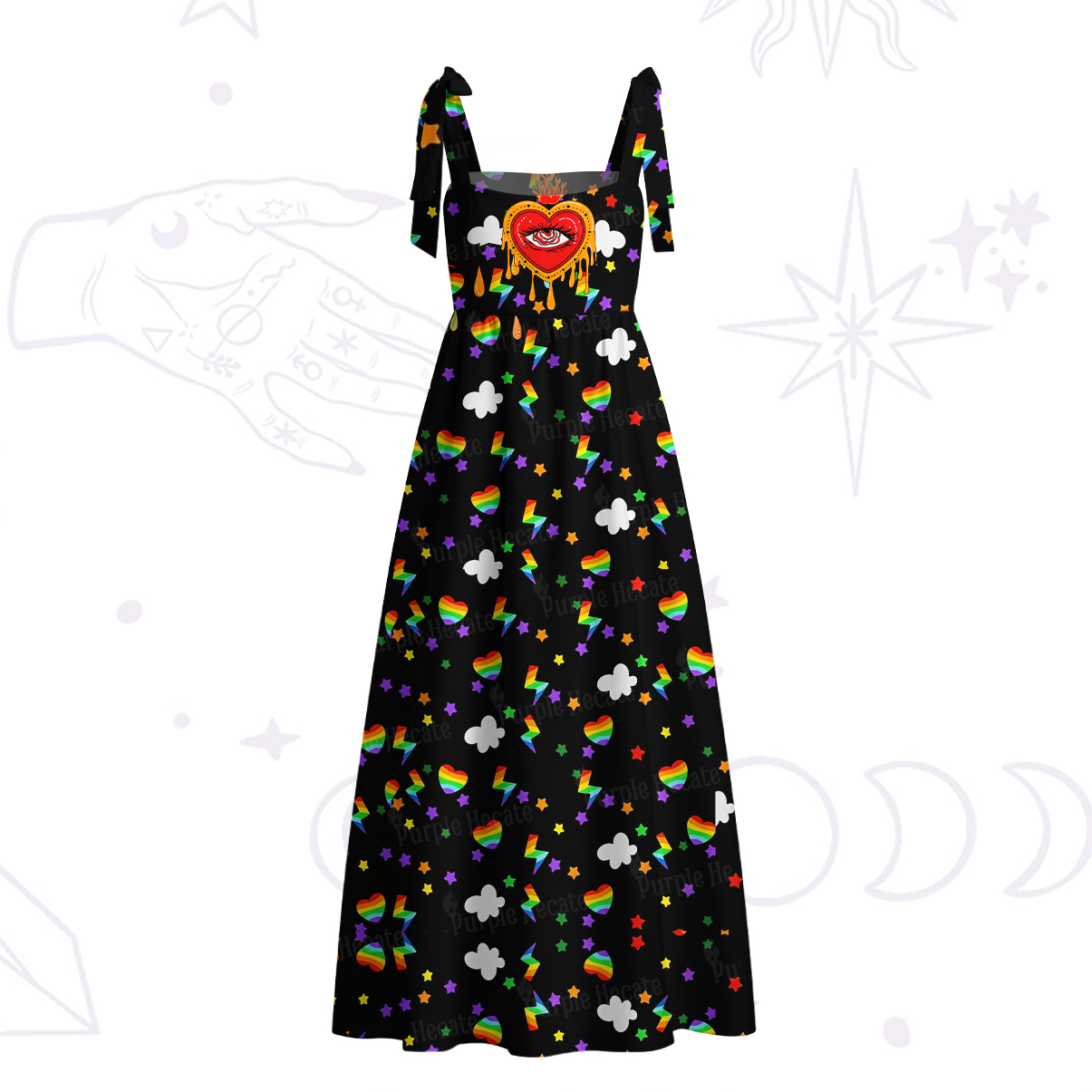Purplehecate Rainbow Sacred Heart All Seeing Eye Pride Tie Shoulder Maxi Dress