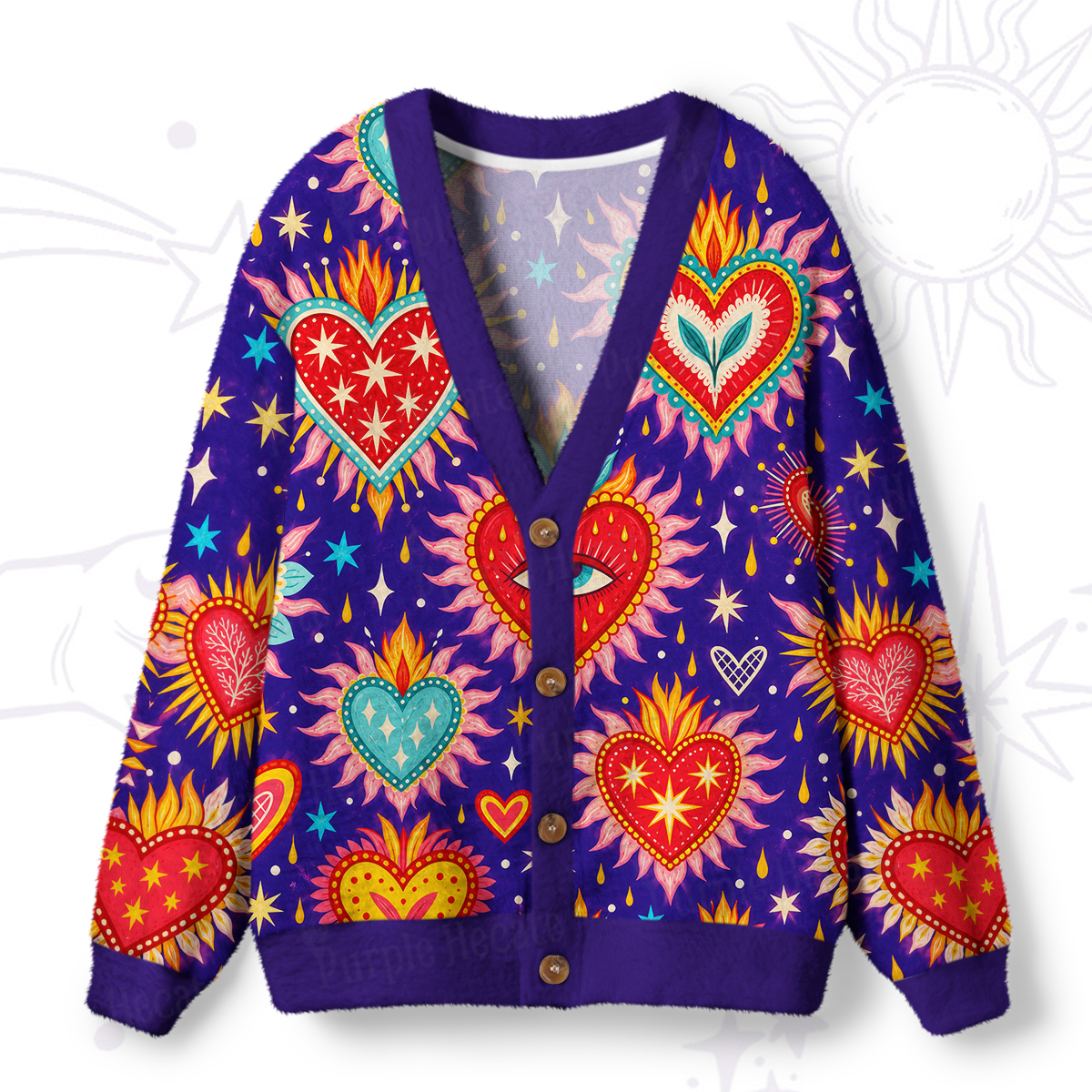 Purplehecate Flaming Heart Eye Ugly Cardigan Sweaters