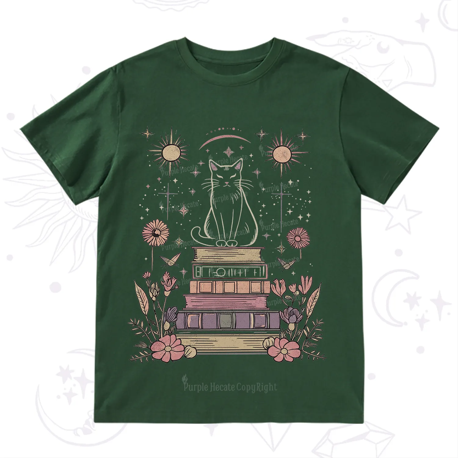 Purplehecate Mystical Cat Reading a Witchy Book T-Shirt