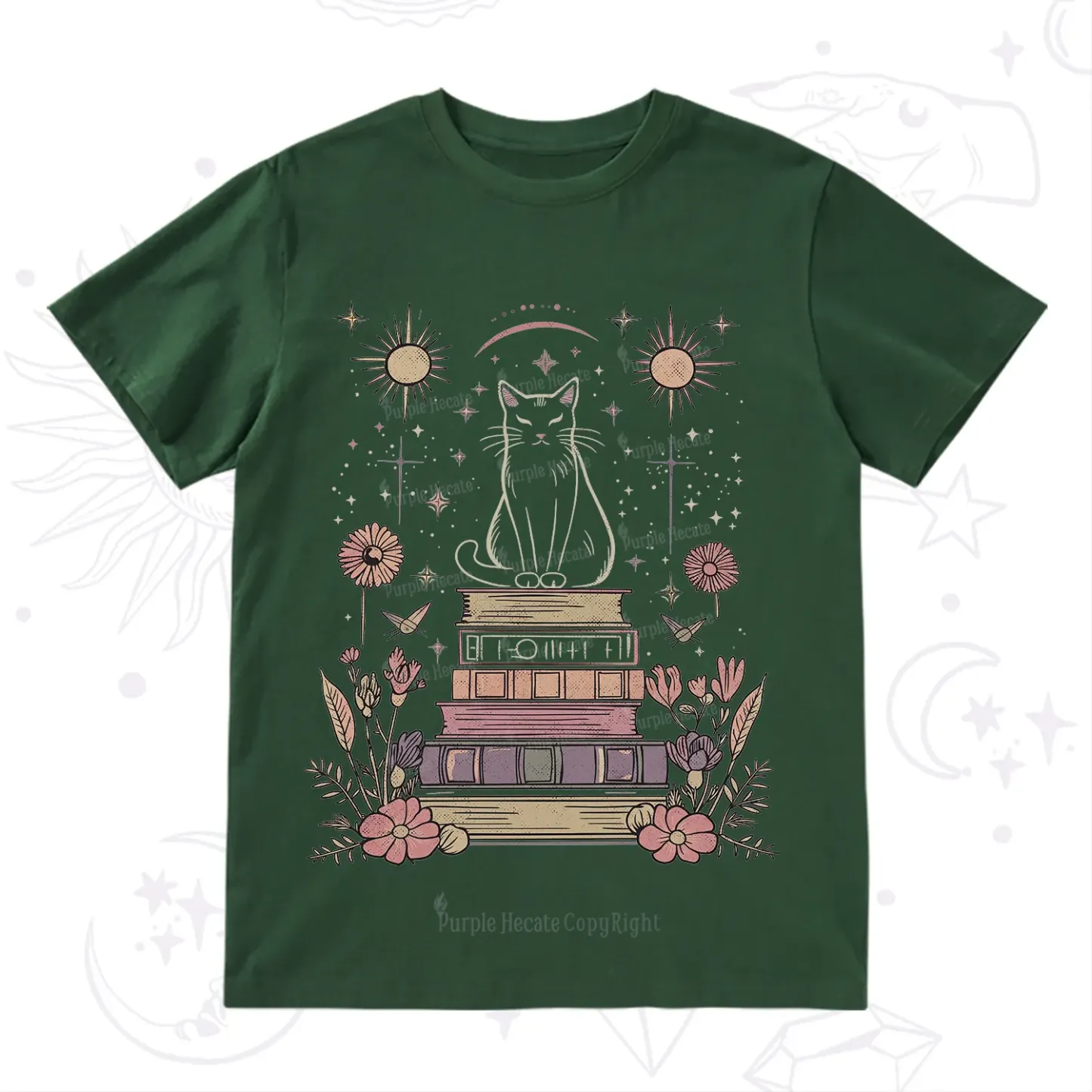 Purplehecate Mystical Cat Reading a Witchy Book T-Shirt
