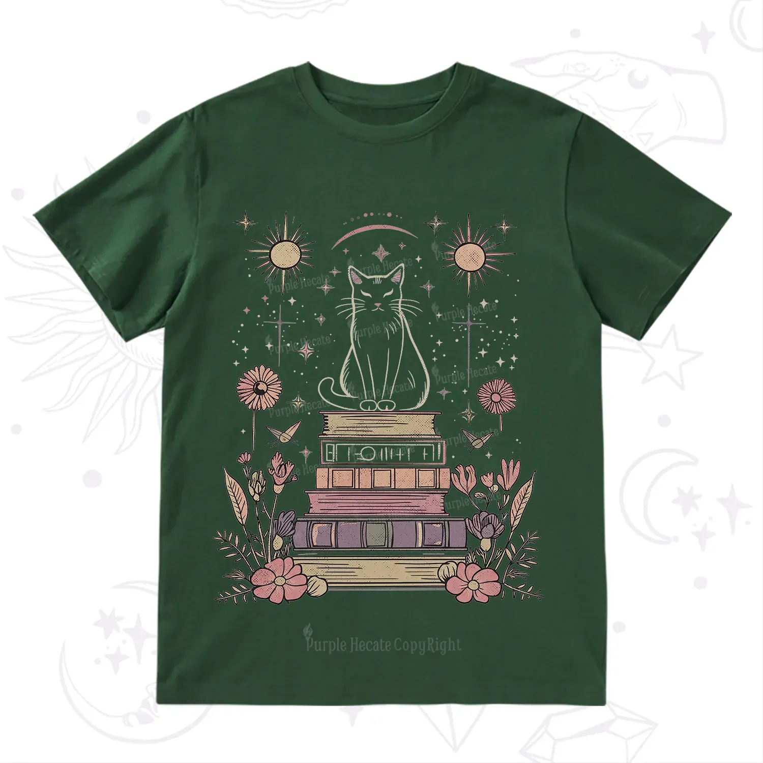 Purplehecate Mystical Cat Reading a Witchy Book T-Shirt