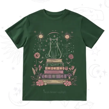 Purplehecate Mystical Cat Reading a Witchy Book T-Shirt