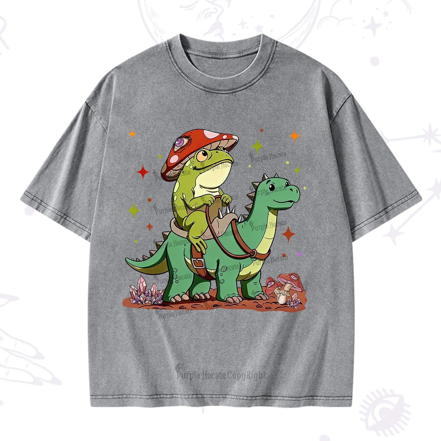 Purplehecate  Frog Riding a Dinosaur Washed T-Shirt