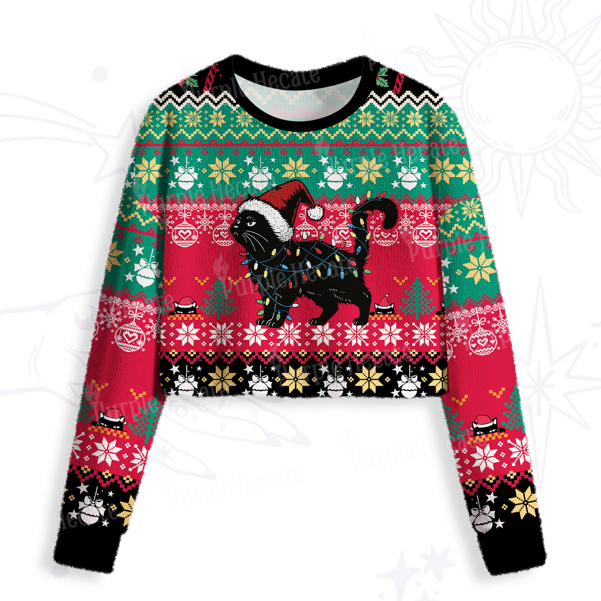 Purplehecate Cute Cat Christmas Crop Fuzzy Ugly Sweatshirt