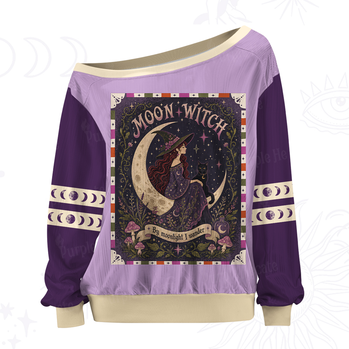 Purplehecate Moon Witch And Black Cat Off The Shoulder Graphic Jersey