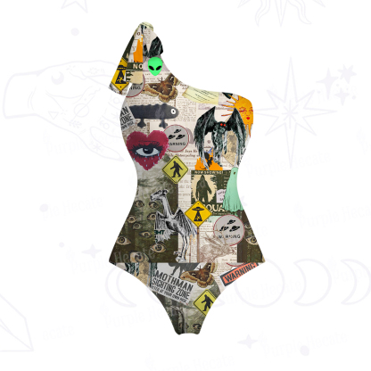 Purplehecate Cryptid Warning Collage One-Shoulder One-Piece Swimsuit