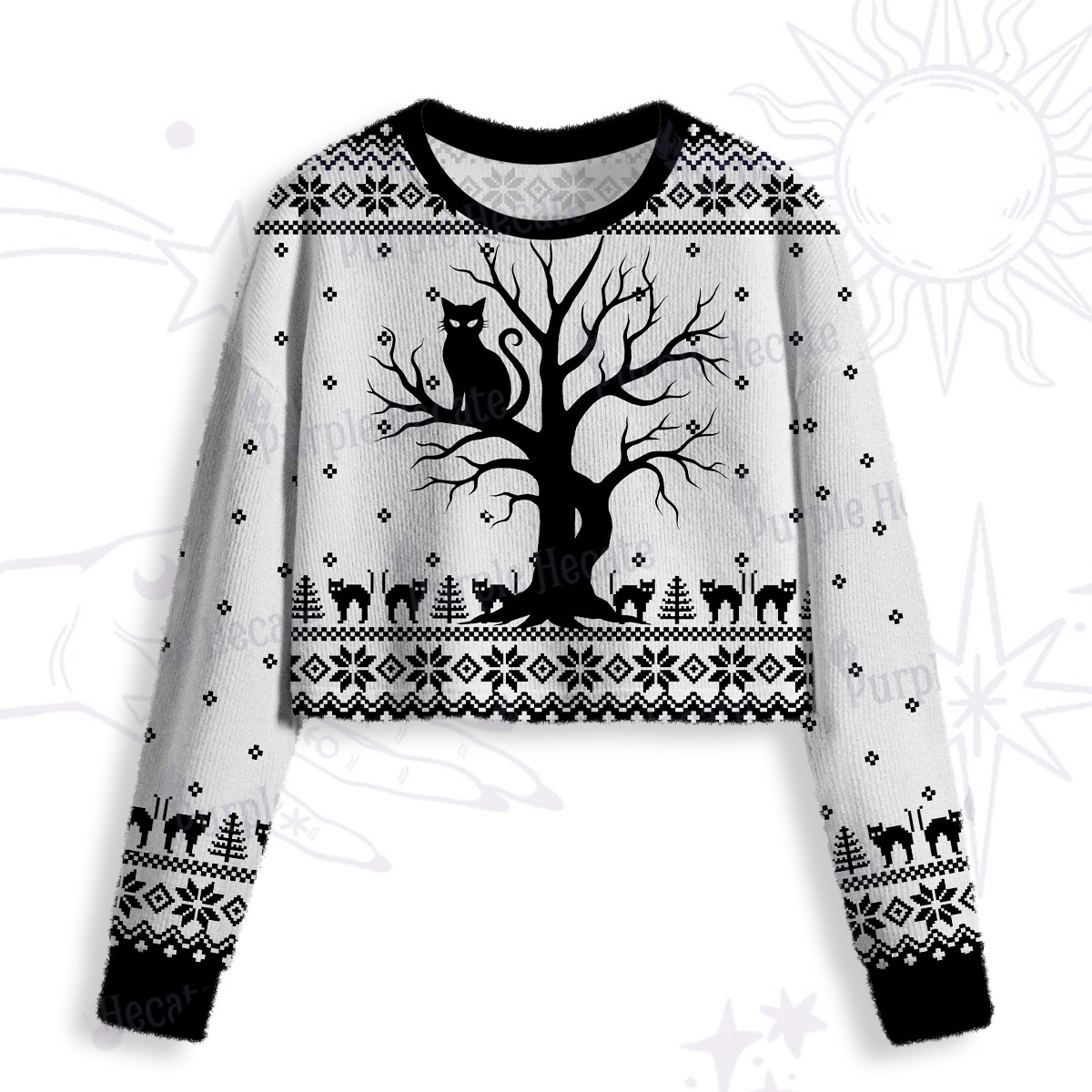 Purplehecate Moonlit Tree Guardian Black Cat Crop Fuzzy Ugly Sweatshirt