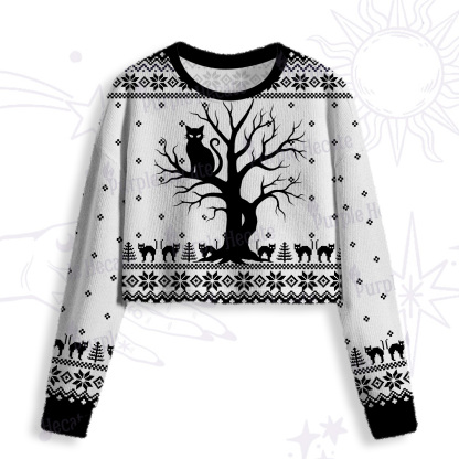 Purplehecate Moonlit Tree Guardian Black Cat Crop Fuzzy Ugly Sweatshirt