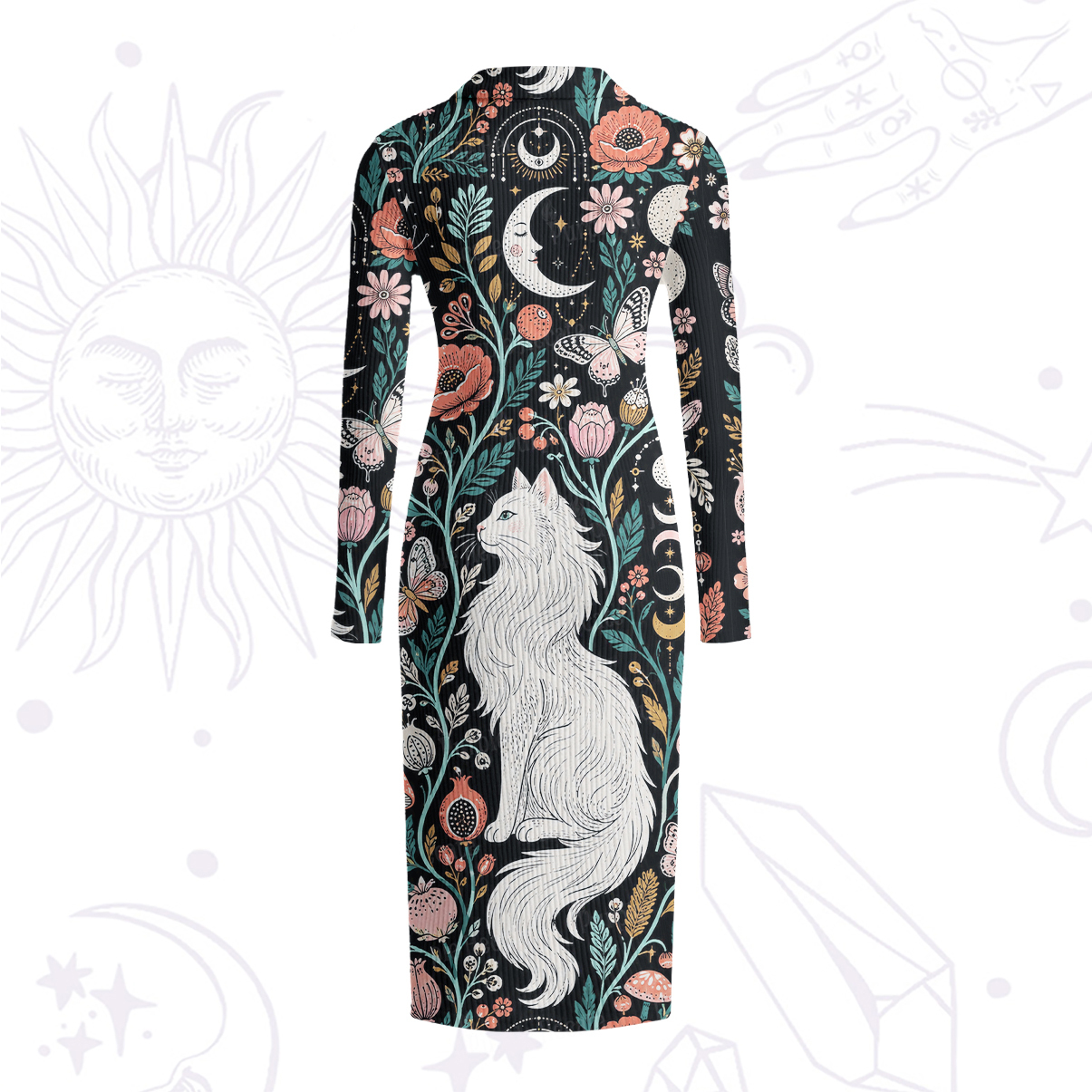 Purplehecate Lunar White Cat Forest Strappy Ribbed Knit Dress