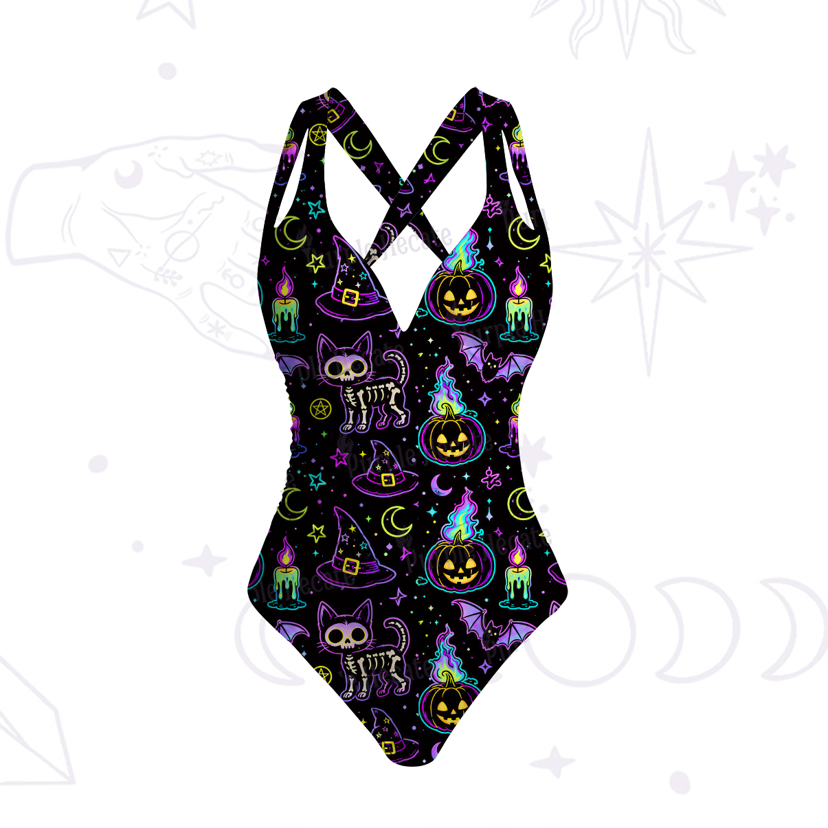 Purplehecate Neon Halloween Skeleton Cat One-Piece Swimsuit