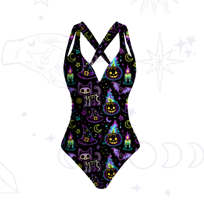 Purplehecate Neon Halloween Skeleton Cat One-Piece Swimsuit