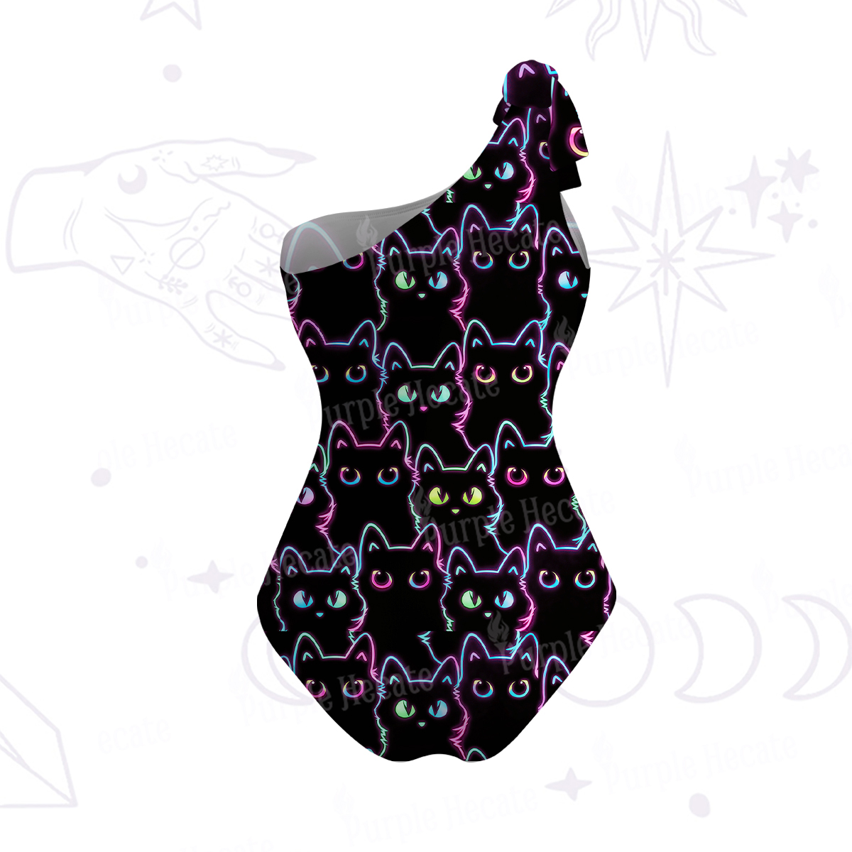 Purplehecate Neon Glow Stacked Cats One-Shoulder One-Piece Swimsuit