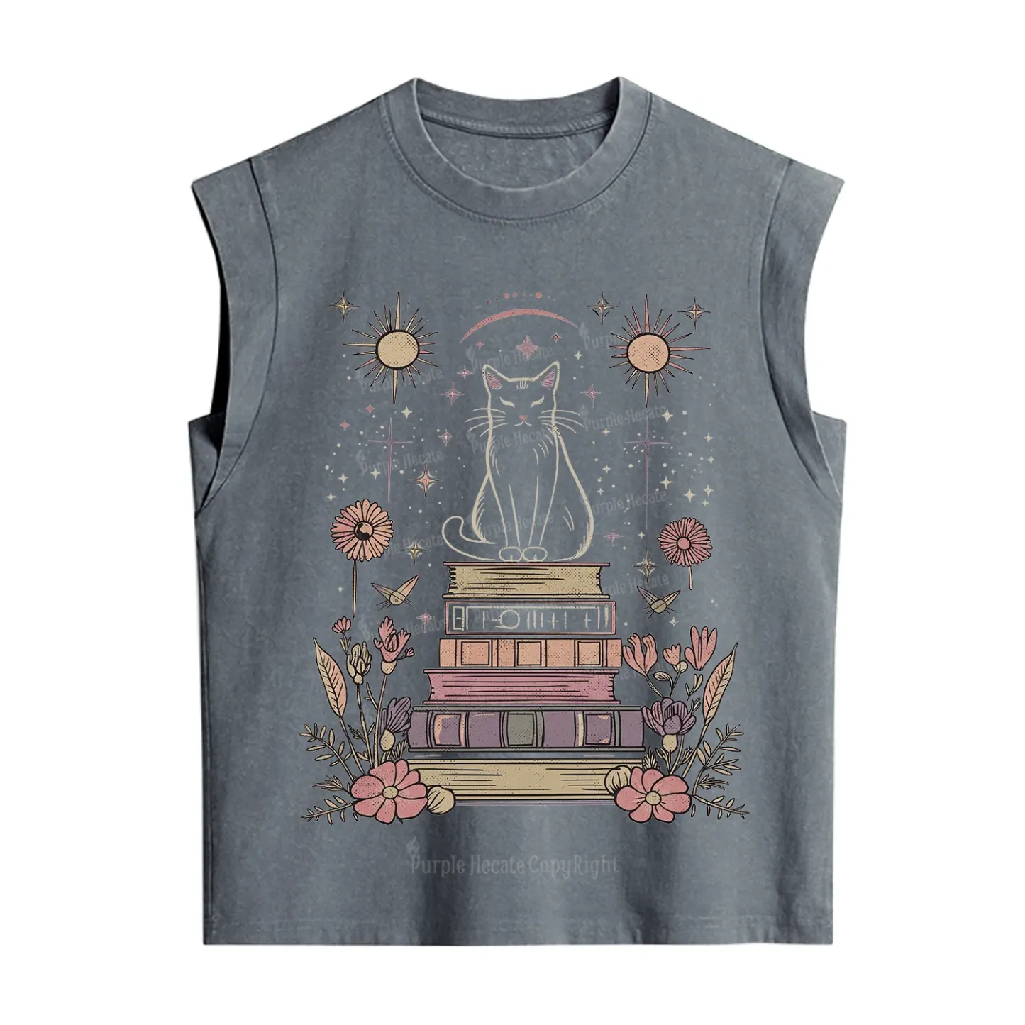 Purplehecate Mystical Cat Reading a Witchy Book Vintage Washed Tank