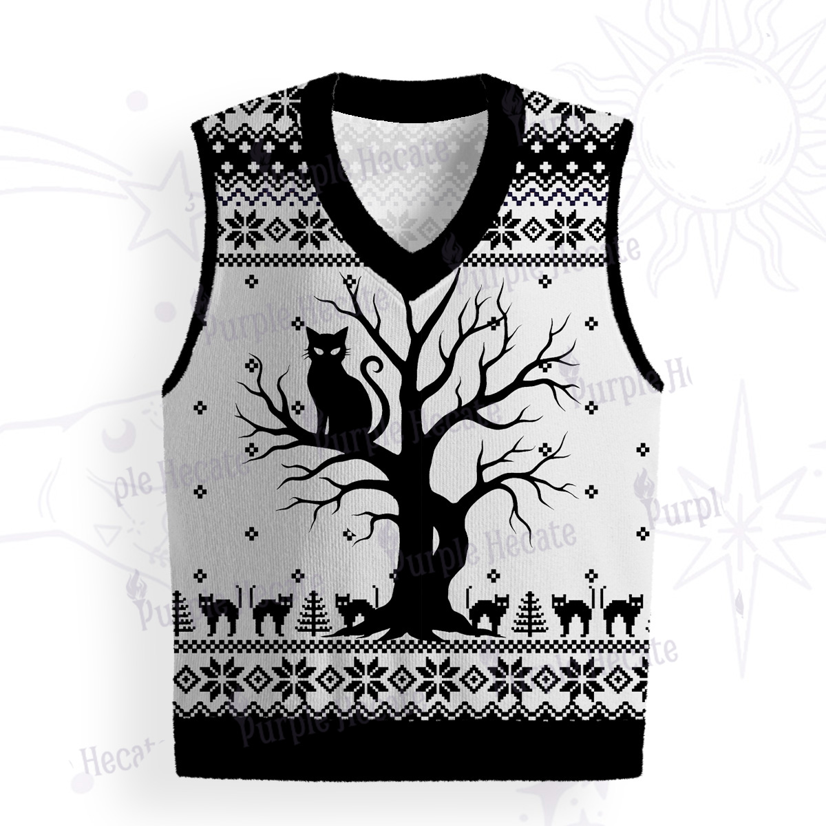 Purplehecate Moonlit Tree Guardian Black Cat Ugly Sweater Vest