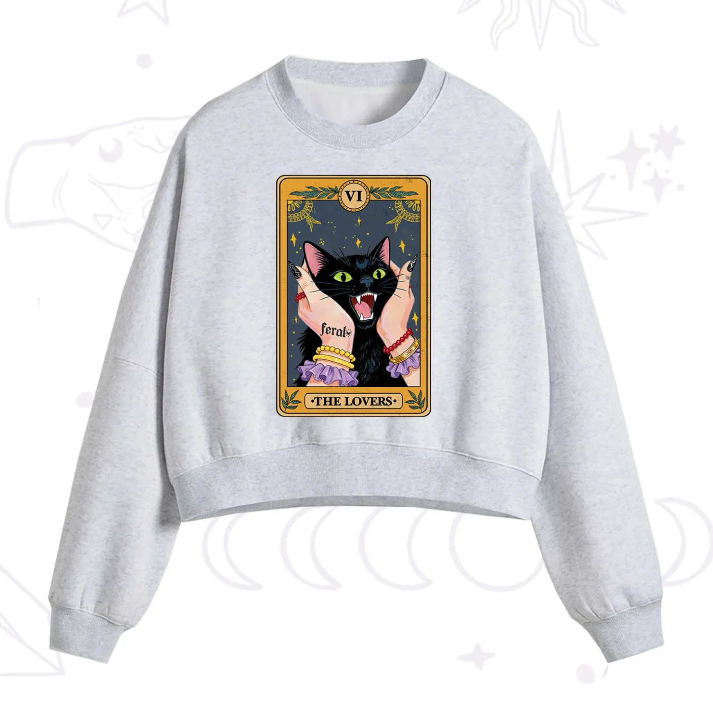 Purplehecate The Lovers Tarot Feral Cat Fleece Cropped Sweatshirt
