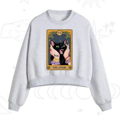 Purplehecate The Lovers Tarot Feral Cat Fleece Cropped Sweatshirt