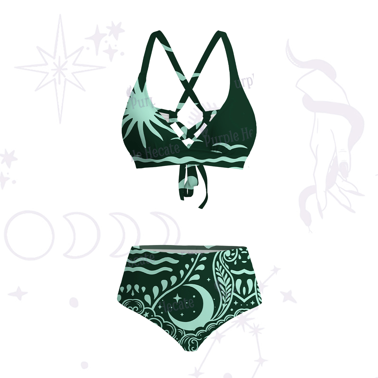 Purplehecate Celestial Sun Moon Waves Crisscross Tie-Back Bikini Set