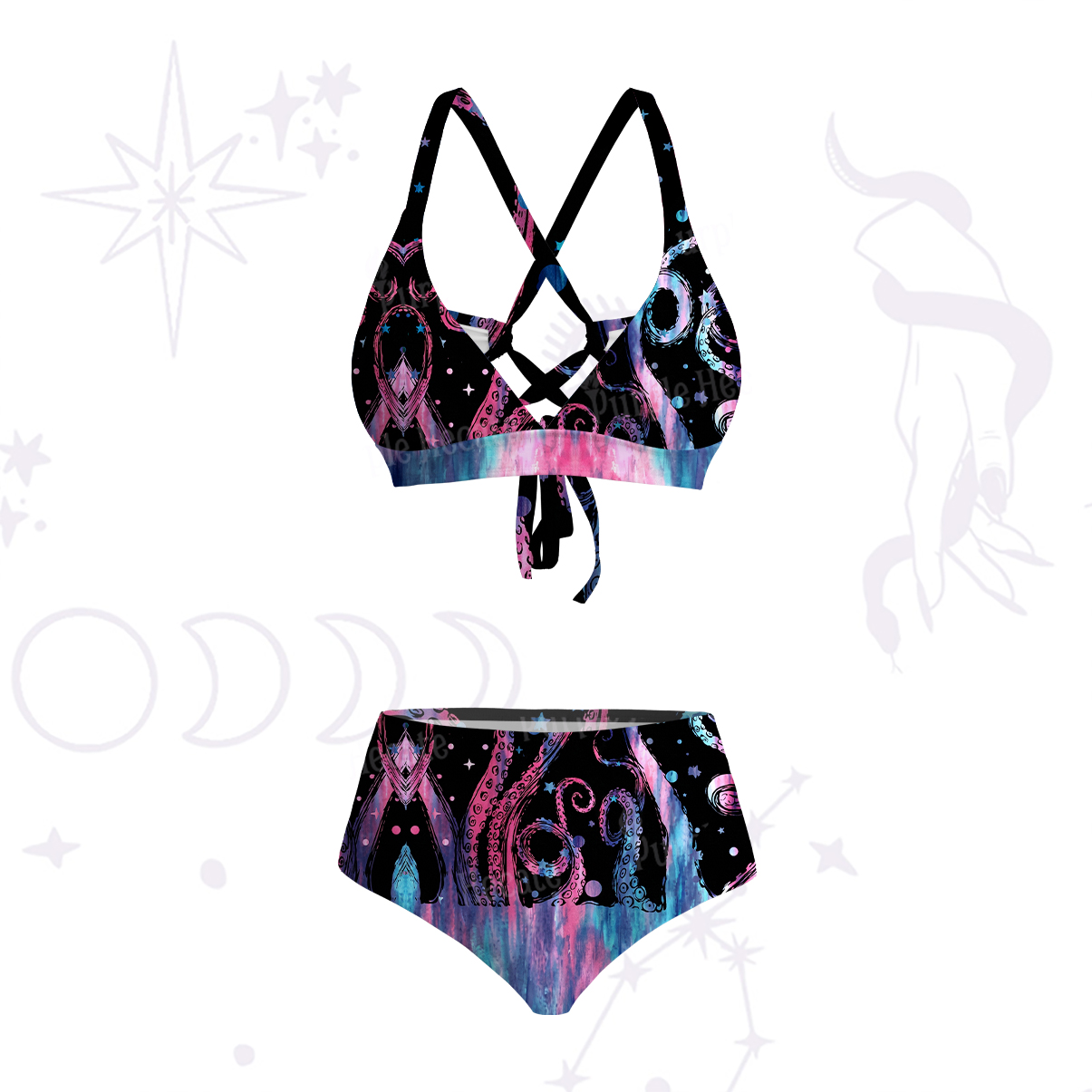Purplehecate Ombre Octopus Glitter Tentacles Crisscross Tie-Back Bikini Set