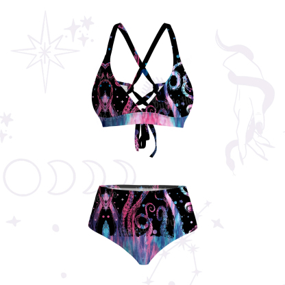 Purplehecate Ombre Octopus Glitter Tentacles Crisscross Tie-Back Bikini Set