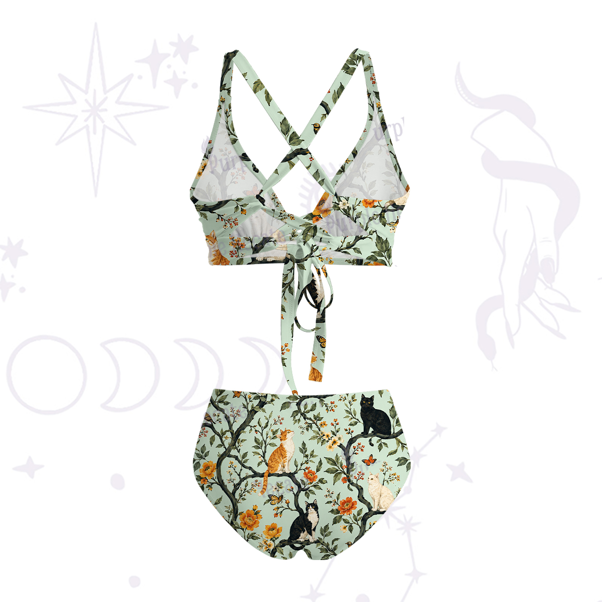 Purplehecate Enchanted Cat Grove Crisscross Tie-Back Bikini Set