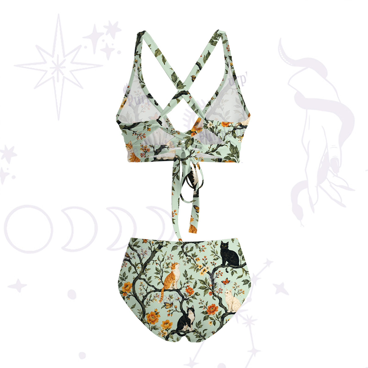 Purplehecate Enchanted Cat Grove Crisscross Tie-Back Bikini Set