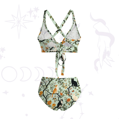 Purplehecate Enchanted Cat Grove Crisscross Tie-Back Bikini Set